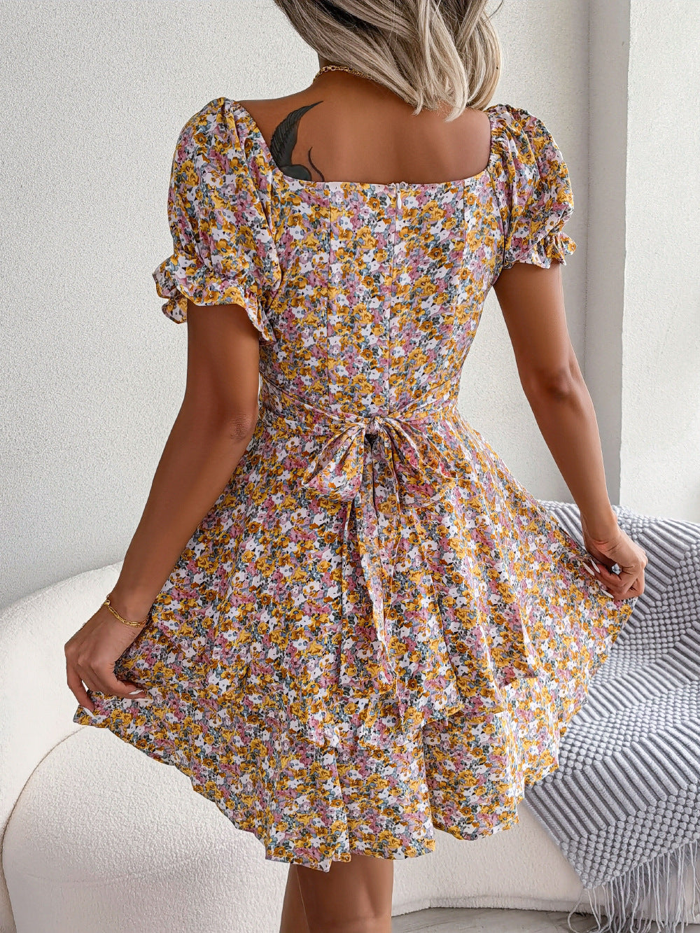 Women Mini Dress, Temperament Big Swing Loose Hem Flower Print Shirring Dress Up Short Sleeves High Waist, Summer Dress Clothes