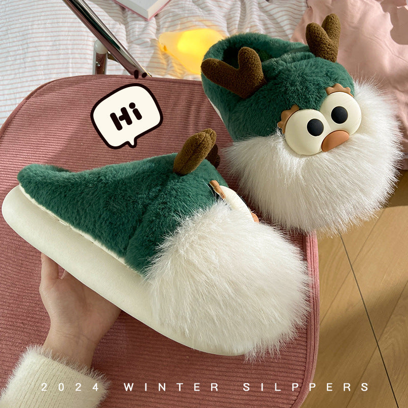 Cute Cartoon Cotton Shoes, Winter Indoor Floor Home Slippers, Half-covered Heel Warm Plush Shoes Women