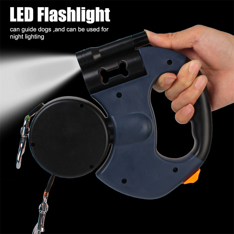 "Dual Retractable Dog Leash for Small Dogs | 360° Swivel, Reflective, No-Tangle, LED Lights for Night Safety"