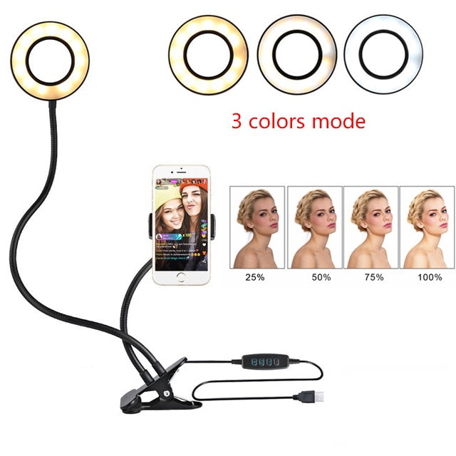 Anneau lumineux LED pour selfie, maquillage réglable en direct, support de 8 cm