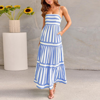 Summer Striped Printed Suspender Long Dress With Pockets, Fashion Square Neck Backless Dresses For Beach Vacation, Women Clothing