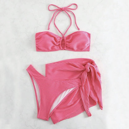 Maillot de bain 3 pièces à rayures de couleur unie, ensemble deux pièces Sexy pour la plage, vêtements pour femmes, été