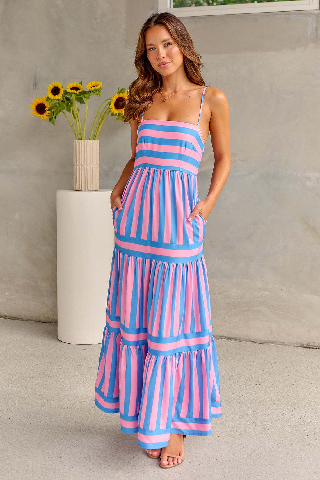 Summer Striped Printed Suspender Long Dress With Pockets, Fashion Square Neck Backless Dresses For Beach Vacation, Women Clothing