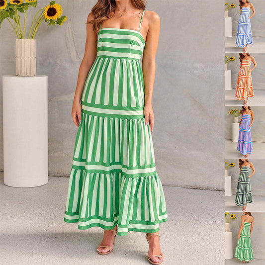 Summer Striped Printed Suspender Long Dress With Pockets, Fashion Square Neck Backless Dresses For Beach Vacation, Women Clothing