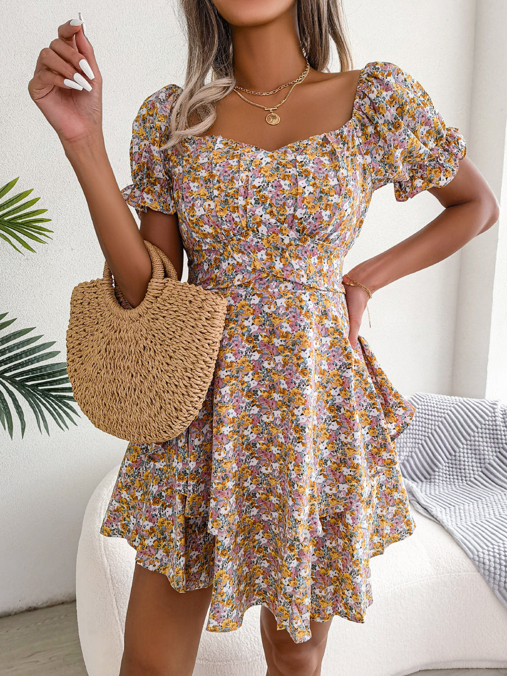 Women Mini Dress, Temperament Big Swing Loose Hem Flower Print Shirring Dress Up Short Sleeves High Waist, Summer Dress Clothes