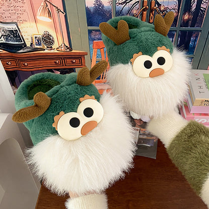 Cute Cartoon Cotton Shoes, Winter Indoor Floor Home Slippers, Half-covered Heel Warm Plush Shoes Women