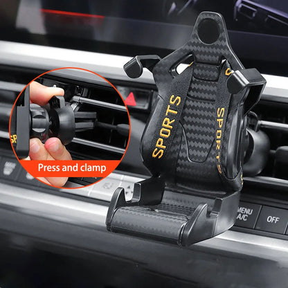 Support pour téléphone de voiture en forme de siège de course, Clip de téléphone portable à ventilation automatique, support de téléphone portable rotatif à 360 degrés pour l'intérieur de la voiture