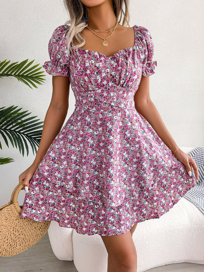 Women Mini Dress, Temperament Big Swing Loose Hem Flower Print Shirring Dress Up Short Sleeves High Waist, Summer Dress Clothes