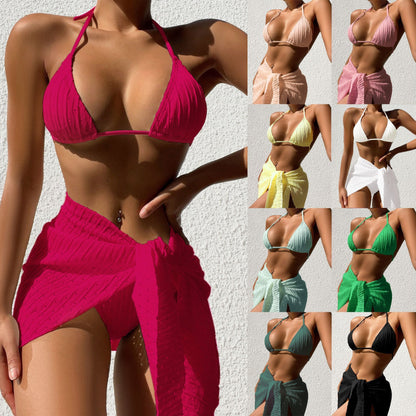 Maillot de bain 3 pièces à col licou, ensemble de plage, couleur unie, Sexy, dos nu, Bikini avec jupe en maille, vêtements d'été pour femmes