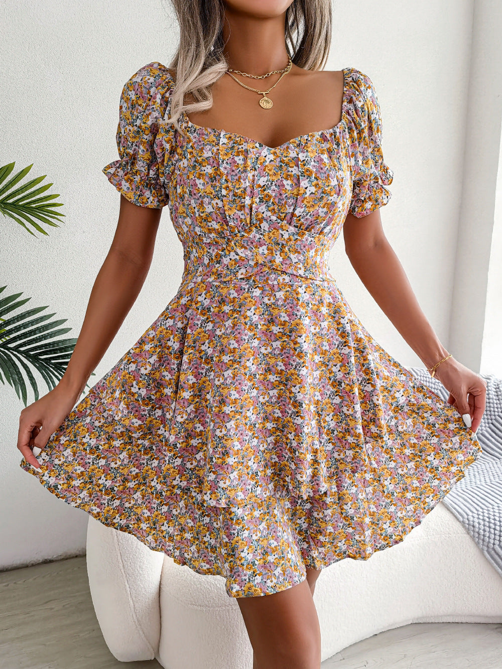 Women Mini Dress, Temperament Big Swing Loose Hem Flower Print Shirring Dress Up Short Sleeves High Waist, Summer Dress Clothes