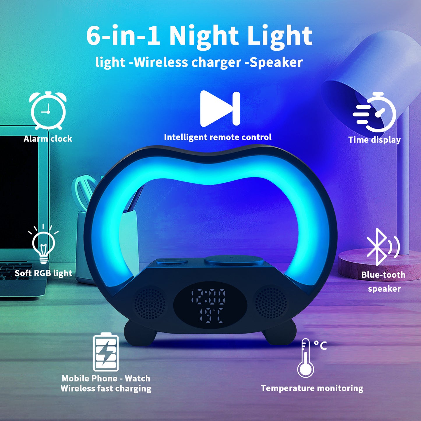 2024 New 6 In 1 Smart Remote Control,Multi-function Wireless Charger Night Light Bluetooth Speaker