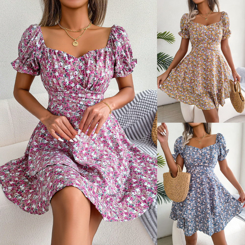 Women Mini Dress, Temperament Big Swing Loose Hem Flower Print Shirring Dress Up Short Sleeves High Waist, Summer Dress Clothes