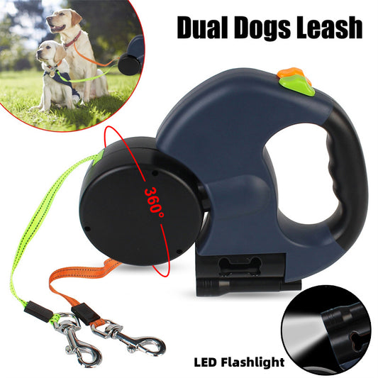 "Dual Retractable Dog Leash for Small Dogs | 360° Swivel, Reflective, No-Tangle, LED Lights for Night Safety"