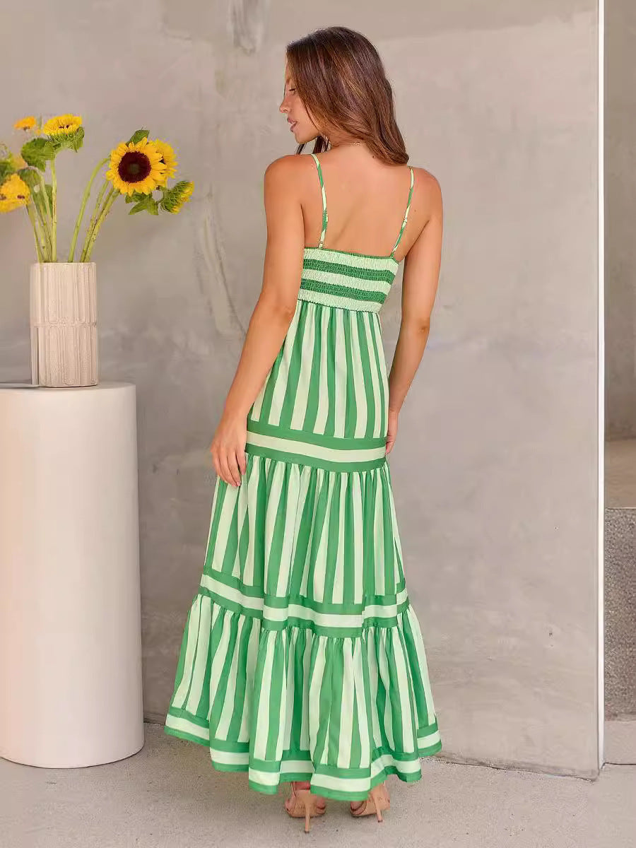 Summer Striped Printed Suspender Long Dress With Pockets, Fashion Square Neck Backless Dresses For Beach Vacation, Women Clothing