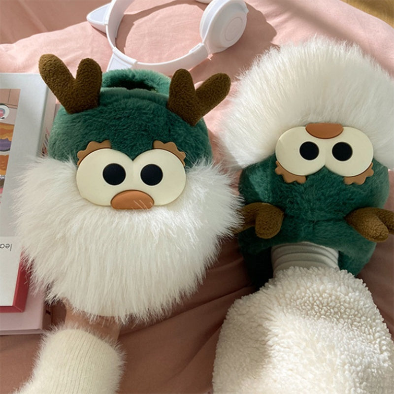 Cute Cartoon Cotton Shoes, Winter Indoor Floor Home Slippers, Half-covered Heel Warm Plush Shoes Women