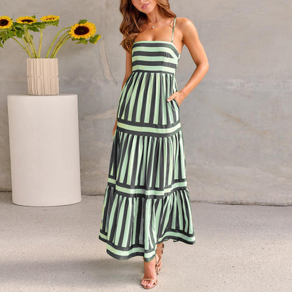 Summer Striped Printed Suspender Long Dress With Pockets, Fashion Square Neck Backless Dresses For Beach Vacation, Women Clothing