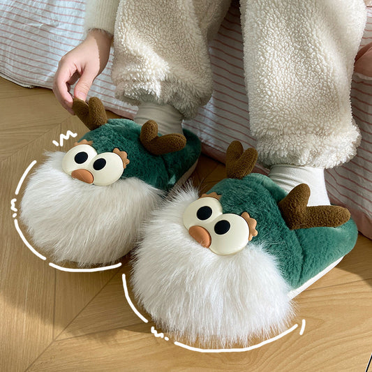 Cute Cartoon Cotton Shoes, Winter Indoor Floor Home Slippers, Half-covered Heel Warm Plush Shoes Women