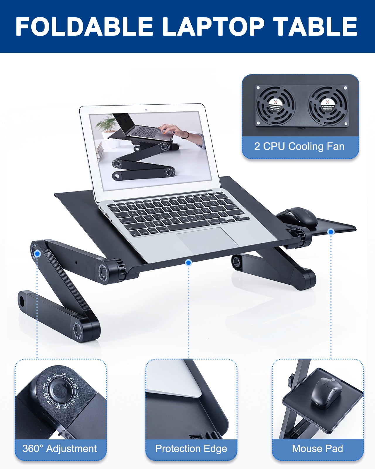 Adjustable Laptop Stand, RAINBEAN Laptop Desk with 2 CPU Cooling USB Fans for Bed