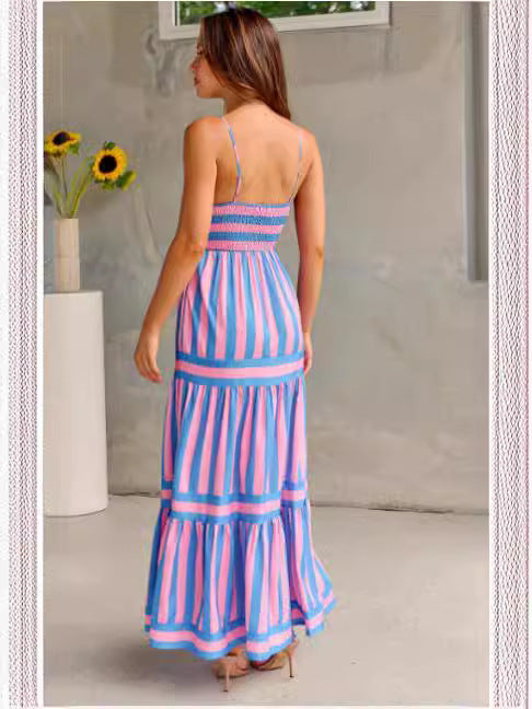 Summer Striped Printed Suspender Long Dress With Pockets, Fashion Square Neck Backless Dresses For Beach Vacation, Women Clothing